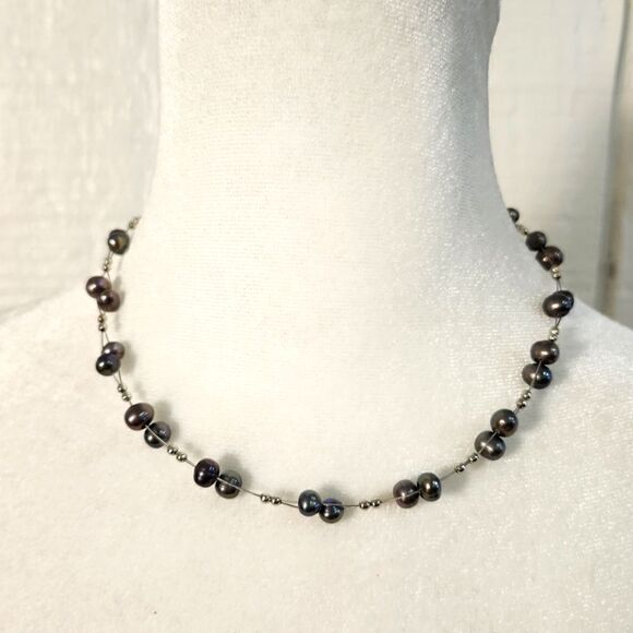 Jewelry - Fresh Water Pearl Wire Silver Bead Necklace Wedding Prom Choker Natural Jewelery